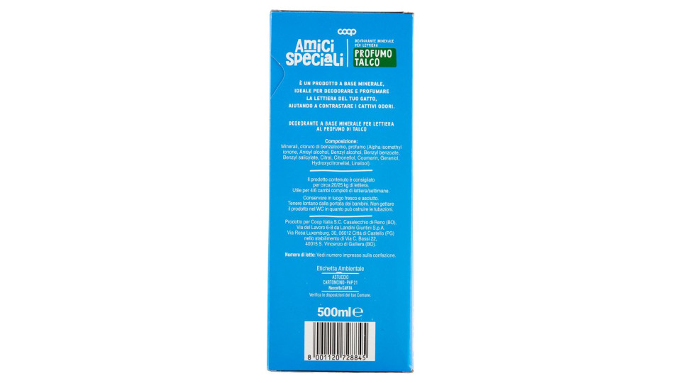 Deodorante Minerale Per Lettiera Profumo Talco 500 Ml