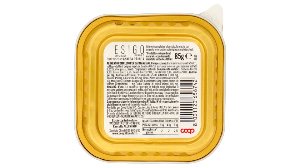 Patè Ricco In Anatra Specialist Single Animal Protein Gatti Senior 85 G
