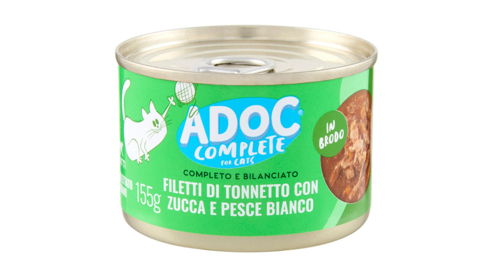 Adoc Complete For Cats Filetti Di Tonnetto Con Zucca E Pesce Bianco In Brodo 155 G