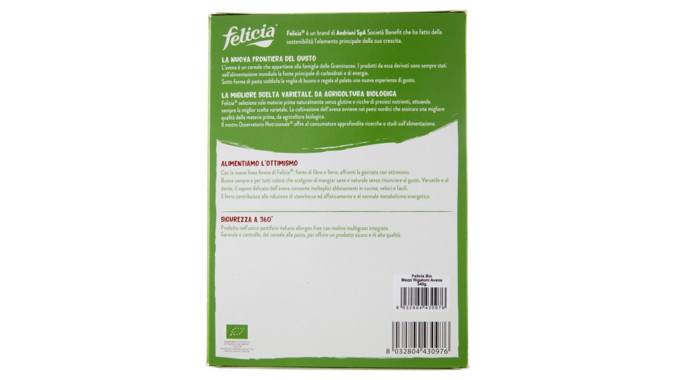 Felicia Mezzi Rigatoni Avena Con Farina Di Avena Integrale Bio 340 G