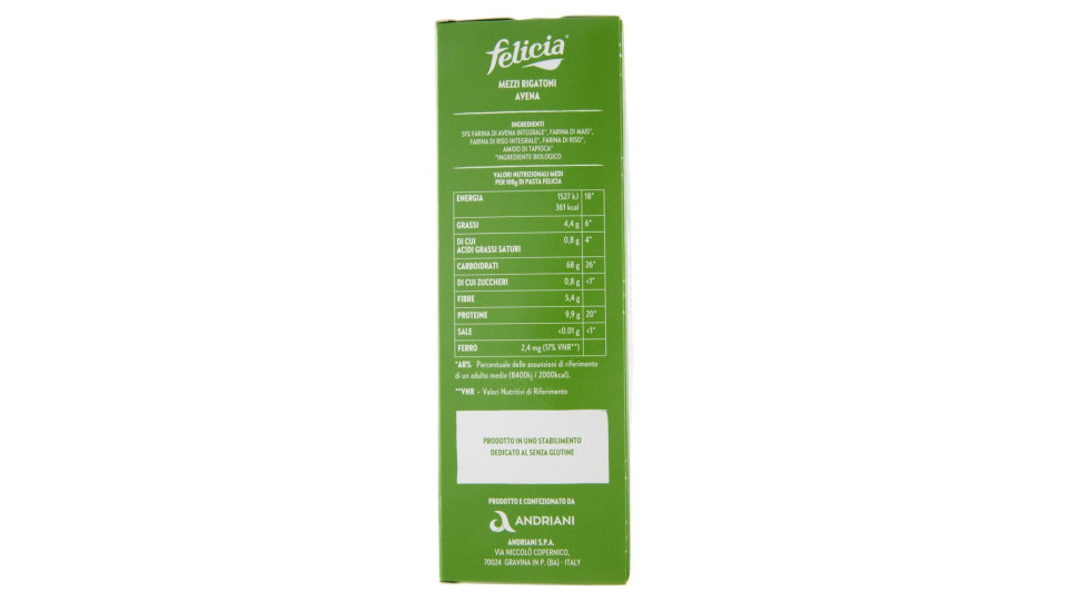 Felicia Mezzi Rigatoni Avena Con Farina Di Avena Integrale Bio 340 G