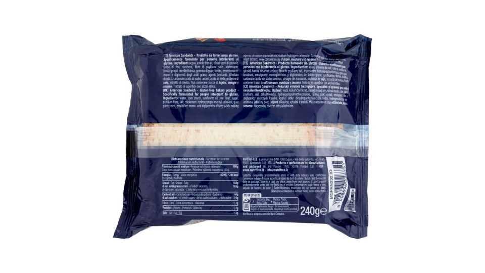 Nutrifree Food Club American Sandwich Senza Glutine 240 G