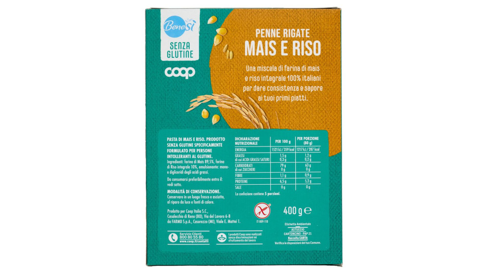 Penne Rigate Mais E Riso Senza Glutine 400 G