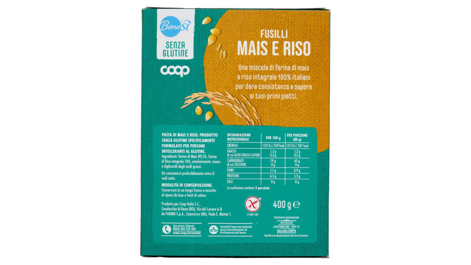Fusilli Mais E Riso Senza Glutine 400 G