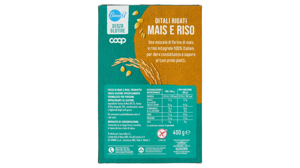 Ditali Rigati Mais E Riso Senza Glutine 400 G