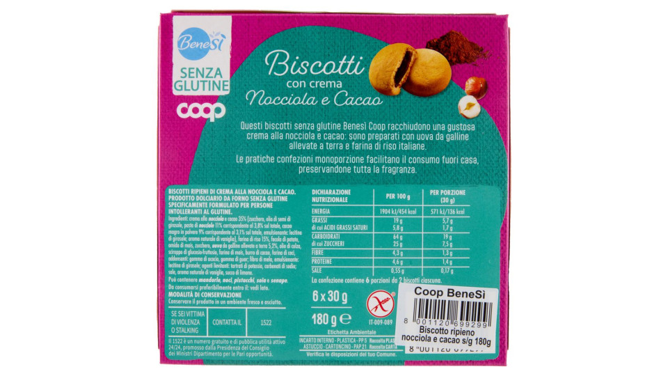 Biscotti Con Crema Nocciola E Cacao Senza Glutine 6 X 30 G
