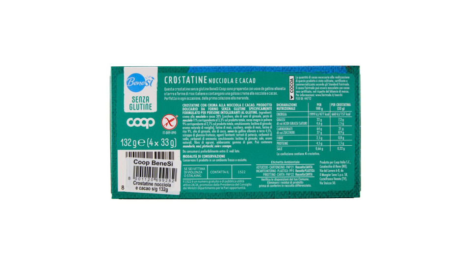 Crostatine Nocciola E Cacao Senza Glutine 4 X 33 G