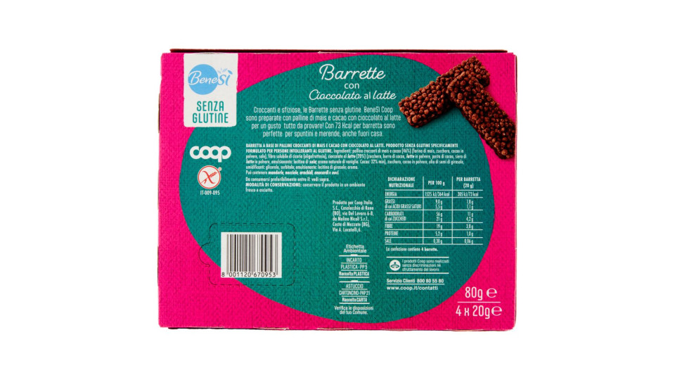 Barrette Con Cioccolato Al Latte Senza Glutine 4 X 20 G
