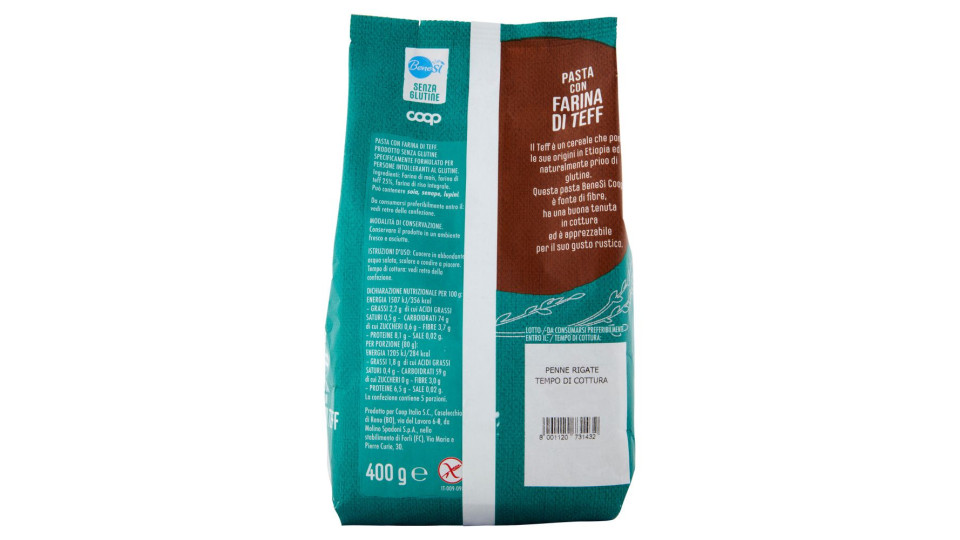 Pasta Con Farina Di Teff Penne Rigate Senza Glutine 400 G