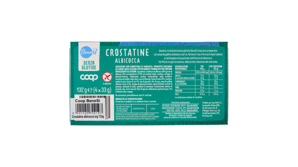 Crostatine Albicocca Senza Glutine 4 X 33 G