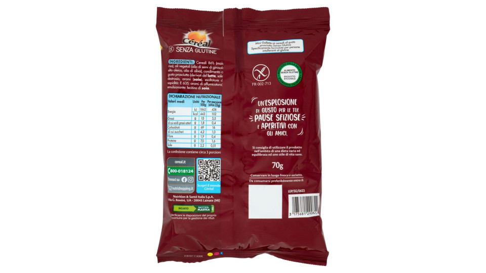 Céréal Senza Glutine Le Gallettine, Gusto Prosciutto, Mini Gallette Ai Cereali Non Fritte - 70 G