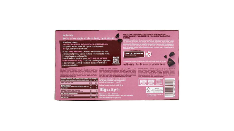 Galbusera Zerograno Wafer Cioccolato Senza Glutine 4 X 45 G