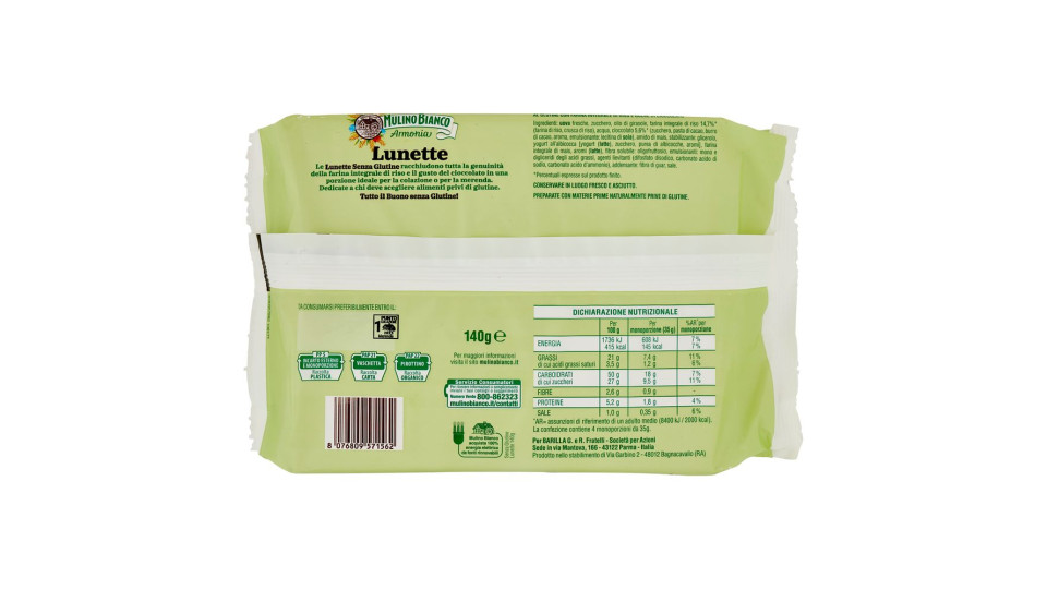 Mulino Bianco Armonia Lunette Tortine Senza Glutine Merende Farina Integrale Di Riso Cioccolato 140g