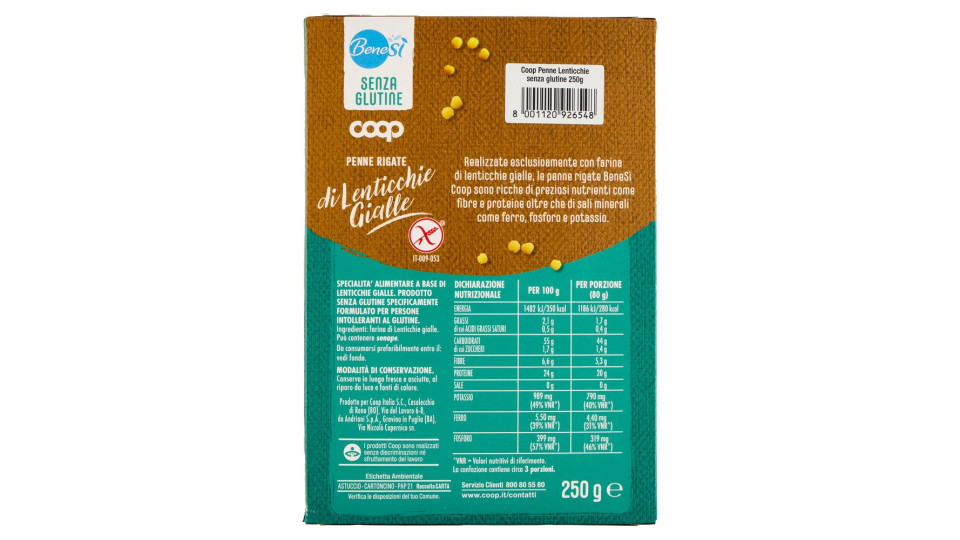 Penne Rigate Di Lenticchie Gialle Senza Glutine 250 G