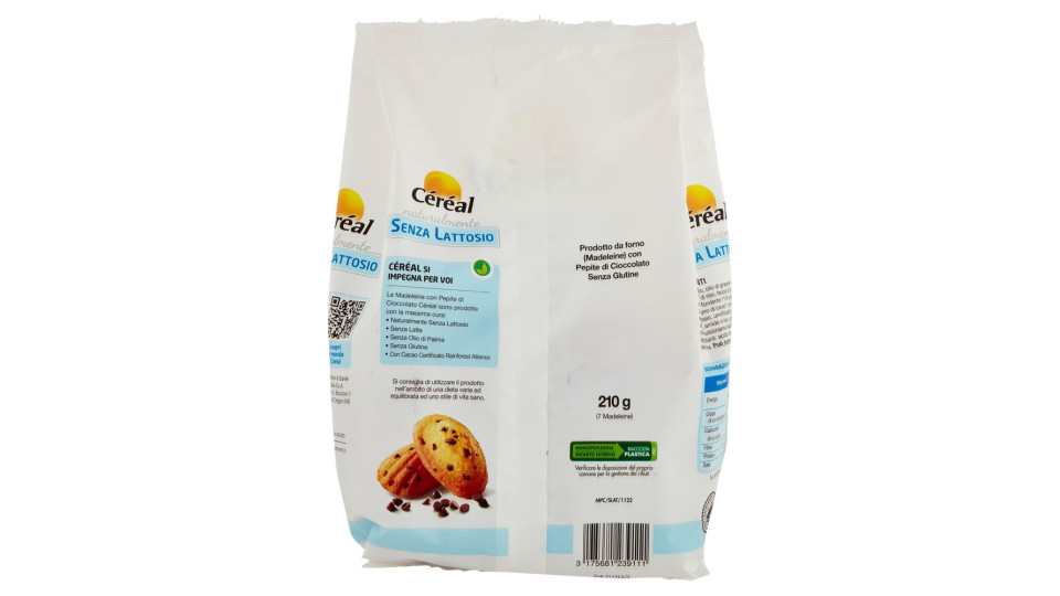 Céréal Senza Lattosio Madeleine Con Pepite Di Cioccolato, 7 Merendine Senza Glutine, 210g