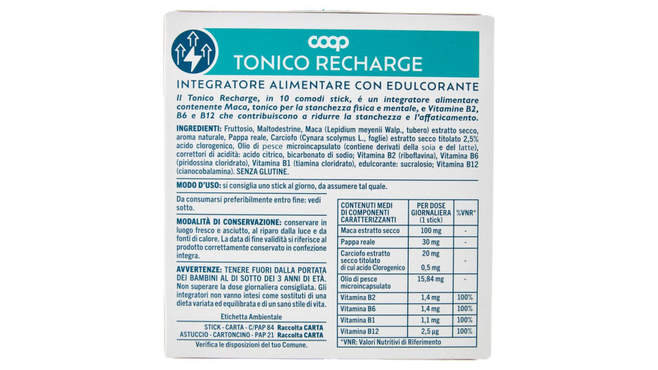 Integratore Alimentare Con Edulcorante Tonico Recharge Stick 10 X 1 G