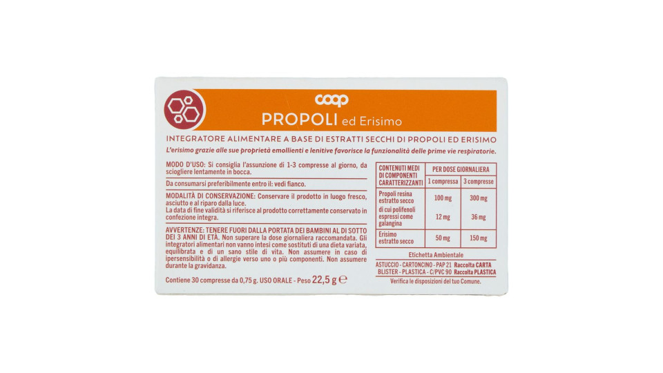 Integratore Alimentare Propoli Ed Erisimo Compresse 30 X 0,75 G