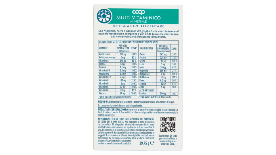 Integratore Alimentare Multi Vitaminico Minerale 13 Vitamine + 11 Minerali Compresse 30 X 1,325 G