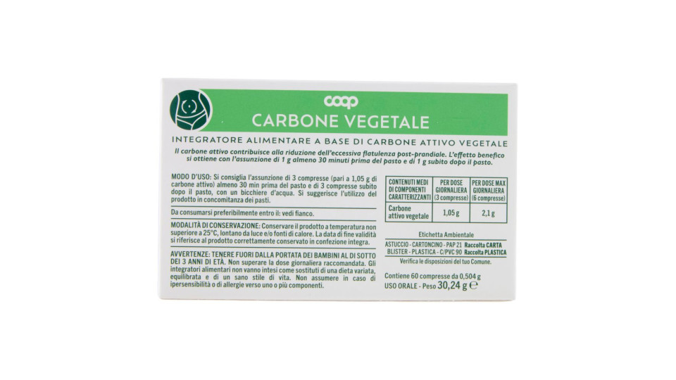 Integratore Alimentare Carbone Vegetale Gonfiore, Gas Intestinali Compresse 60 X 0,504 G