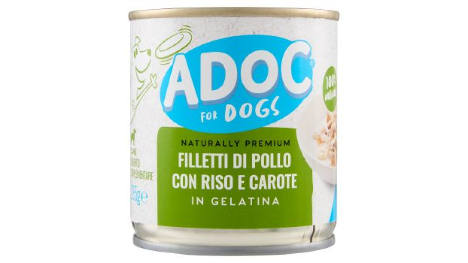 Adoc, cane alimento con pollo riso carote