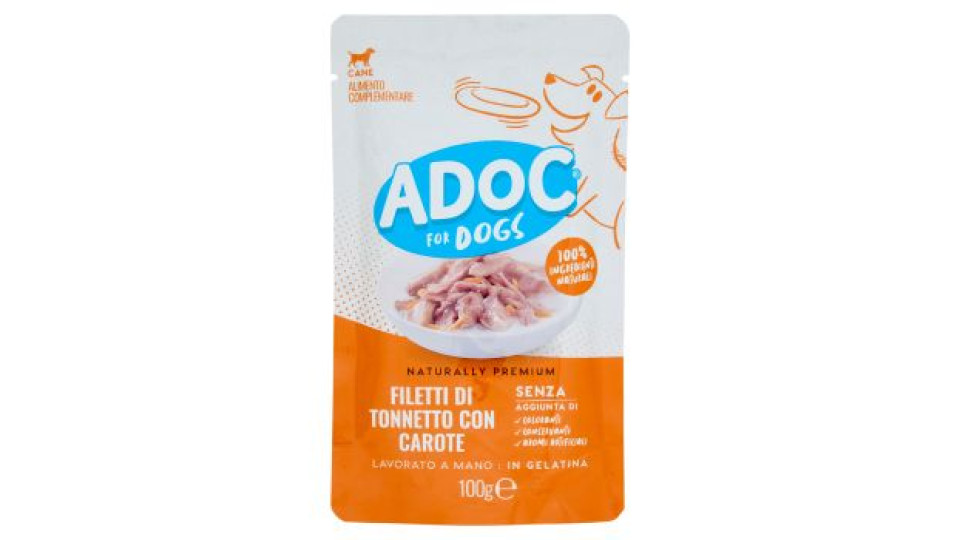 Adoc, cane alimento con tonnetto e carote