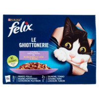 Purina, gatto Felix Le Ghiottonerie le preferite in gelatina manzo pollo salmone tonno