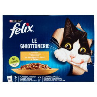 Purina, gatto Felix Le Ghiottonerie le varietà in gelatina platessa tonno coniglio pollo