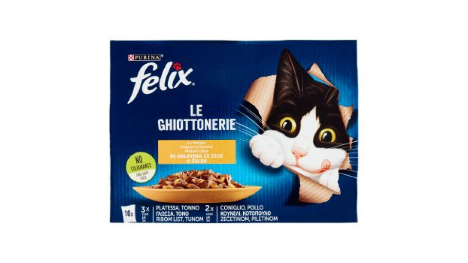 Purina, gatto Felix Le Ghiottonerie le varietà in gelatina platessa tonno coniglio pollo