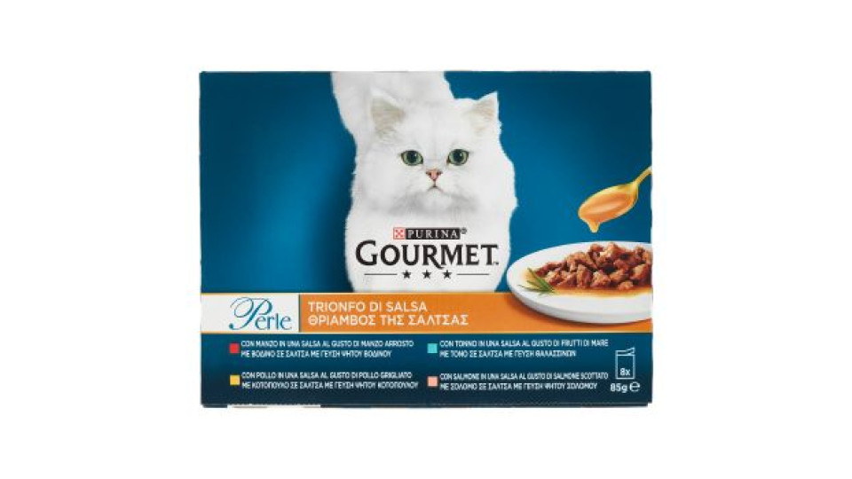 PURINA GOURMET Perle Trionfo di Salsa Gatto con Manzo, Pollo, Tonno, Salmone