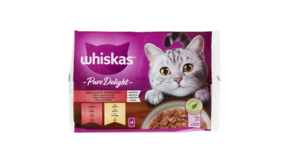 whiskas, gatto Selezione Gustosa 1+ straccetti in gelatina con pollo manzo agnello pollame