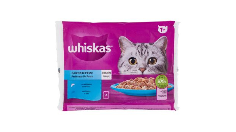 whiskas, gatto Selezione Assortita 1+ straccetti in gelatina con pollo salmone manzo tonno