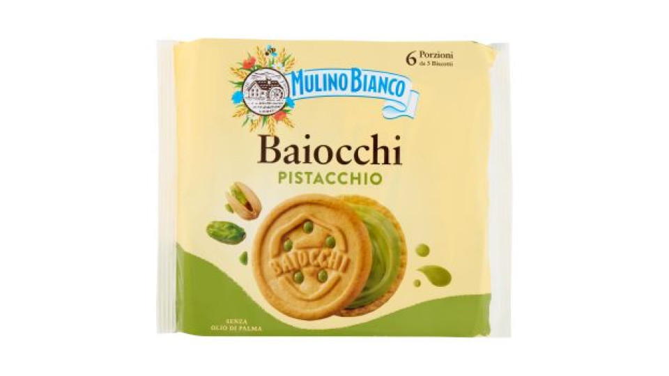 Mulino Bianco Baiocchi Biscotti Snack Farciti con Crema al Pistacchio 168g