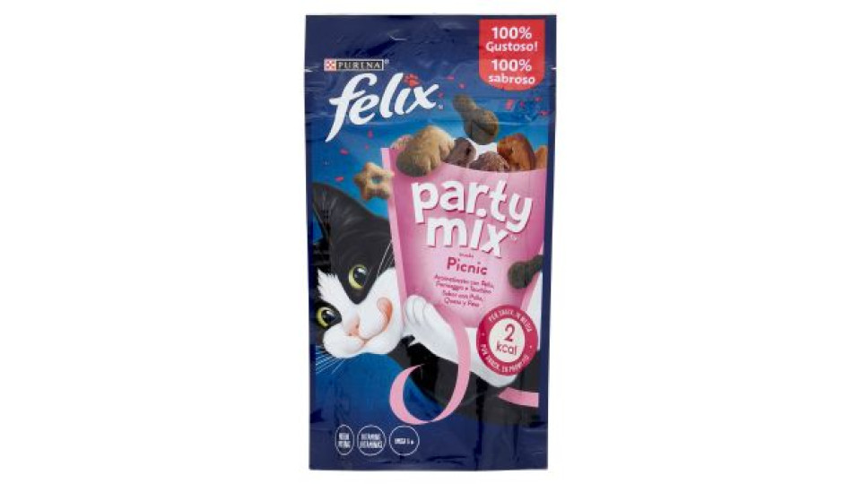 PURINA FELIX Party Mix Snack Gatto Picnic Mix Aromatizzato con Pollo, Formaggio e Tacchino busta