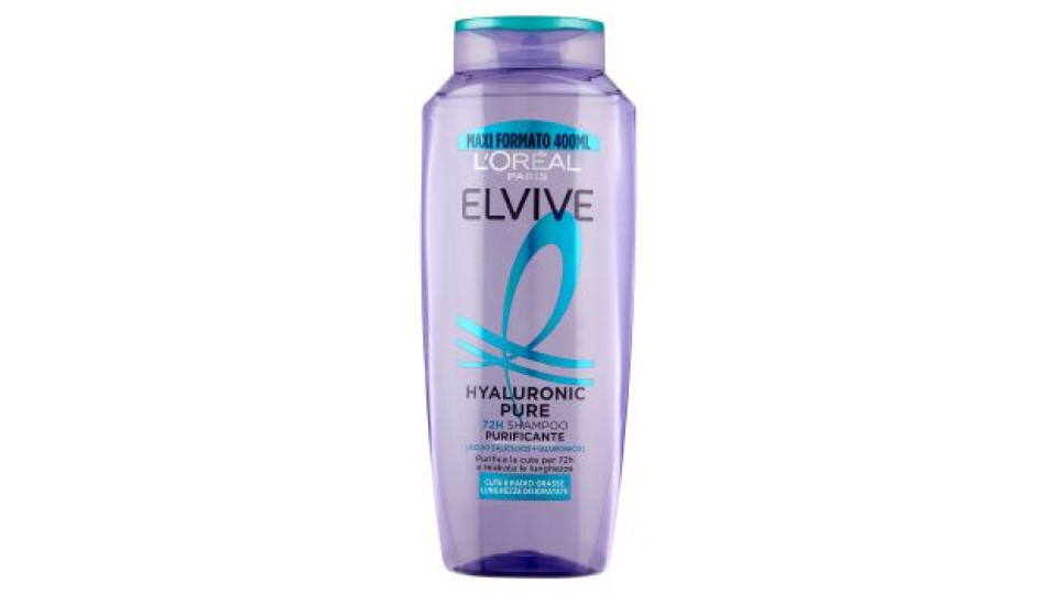Elvive Hyaluronic Pure 72H Shampoo Purificante, per Cute e Radici Grasse, 400 ml