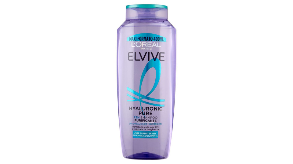 Elvive Hyaluronic Pure 72H Shampoo Purificante, per Cute e Radici Grasse, 400 ml