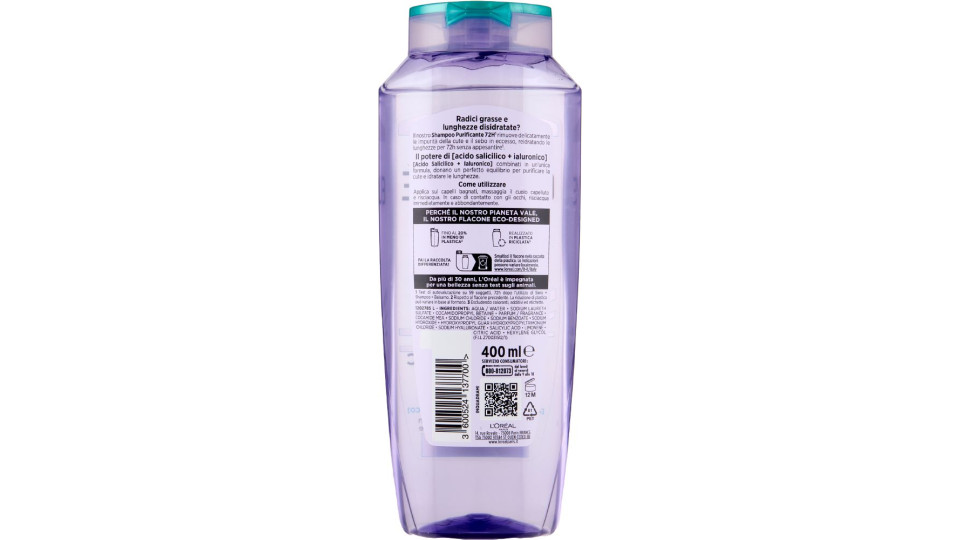 Elvive Hyaluronic Pure 72H Shampoo Purificante, per Cute e Radici Grasse, 400 ml