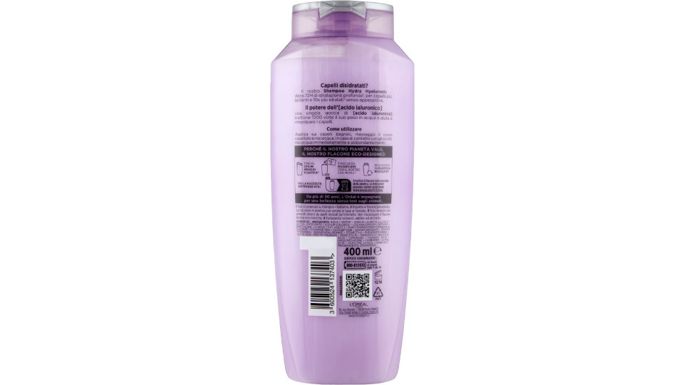 Elvive Hydra Hyaluronic Shampoo 72H Idratazione Profonda, per Capelli Disidratati, 400 ml