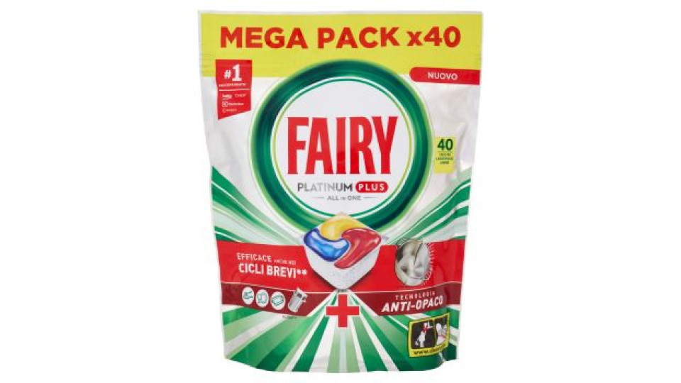 Fairy Pastiglie Lavastoviglie Platinum Plus All in One, Detersivo Piatti Limone, 40 Capsule 620 g