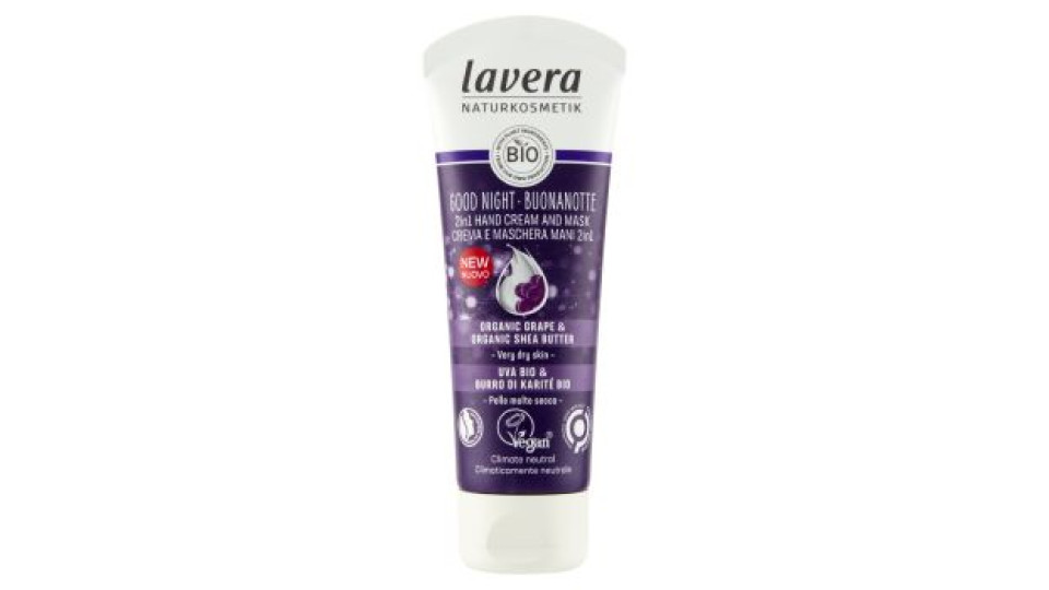 lavera Buonanotte Crema e Maschera Mani 2in1 Uva Bio & Burro di Karité Bio 75 ml