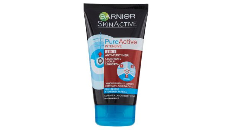 Skin Naturals Detergenza Garnier PureActive Intense, 3 in 1, Anti-Punti Neri