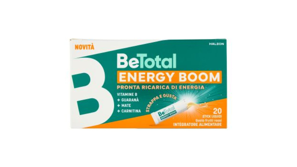 BeTotal Energy Boom, Integratore Alimentare con Vit B, Carnitina, Guaranà e Mate, 20 stick da 10 ml