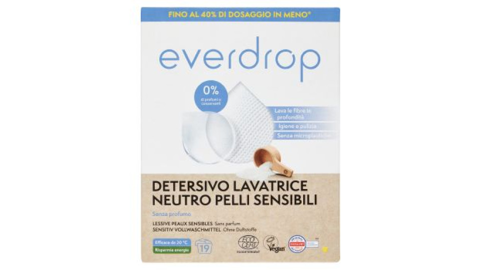 everdrop Detersivo Lavatrice Neutro Pelli Sensibili Senza profumo 760 g