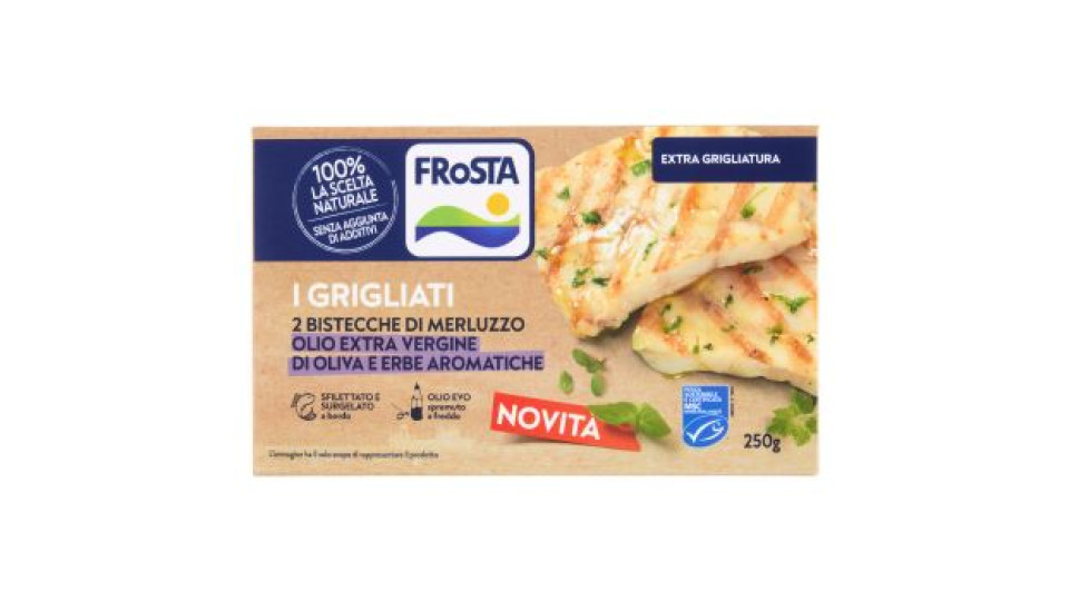 FRoSTA i Grigliati 2 Bistecche di Merluzzo Olio Extra Vergine di Oliva e Erbe Aromatiche 250 g