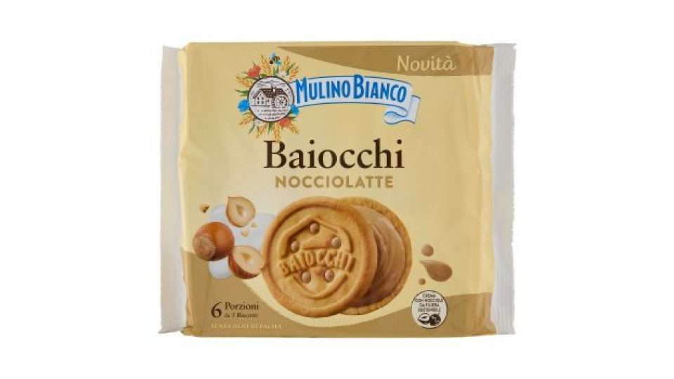 Mulino Bianco Baiocchi Snack Biscotti Farciti con Crema Nocciole e Latte Nocciole 100% Italiane 168g