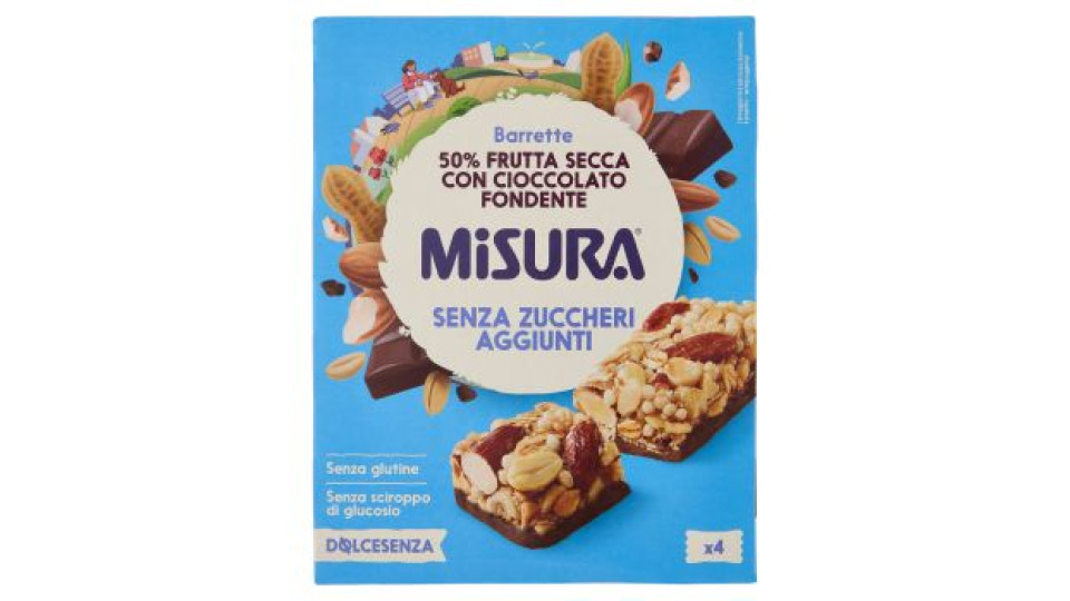 Misura Dolcesenza Barrette 50% Frutta Secca con Cioccolato Fondente 4 x 30 g