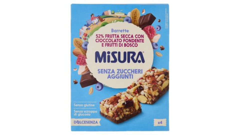 Misura Dolcesenza Barrette 52% Frutta Secca con Cioccolato Fondente e Frutti di Bosco 4 x 30 g