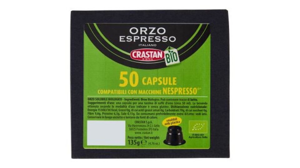 Crastan Bio Orzo Espresso Italiano 50 Capsule Compatibili con Macchine Nespresso* 135 g
