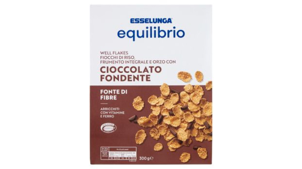 Esselunga Equilibrio Well flakes fiocchi di riso, frumento integrale, orzo, cioccolato fondente 300g