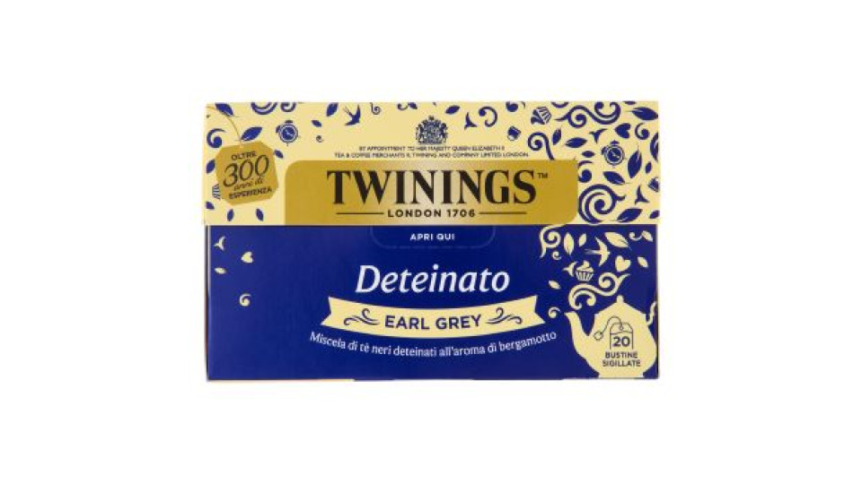 Twinings Deteinato Earl Grey Tè Nero Deteinato dal sapore di Bergamotto 20 filtri The 40 g