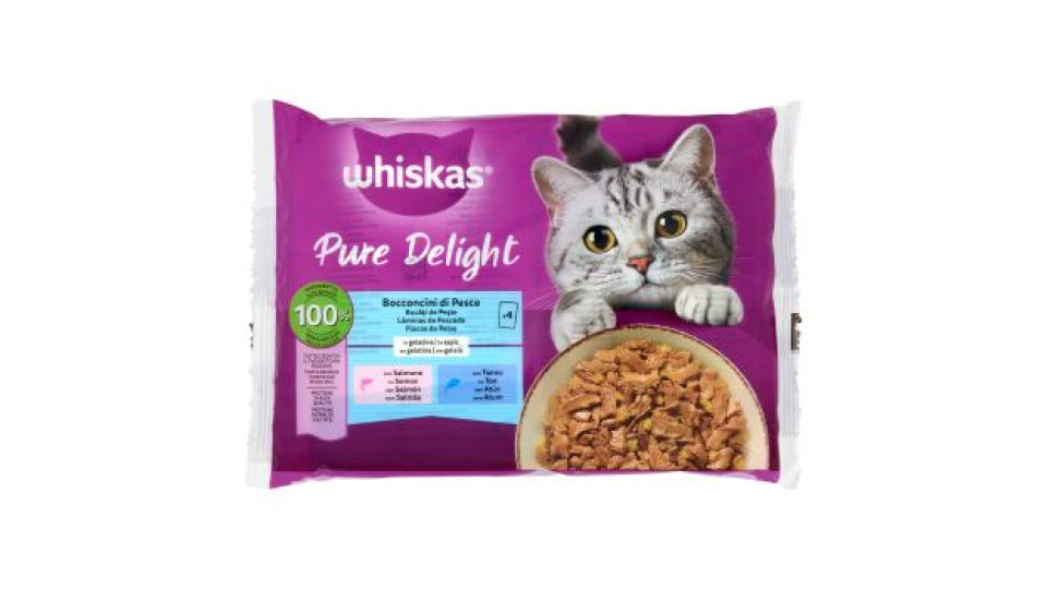 Whiskas Pure Delight Cibo Umido Gatto Bocconcini di Pesce in Gelatina con Salmone e Tonno 4 x 85 g
